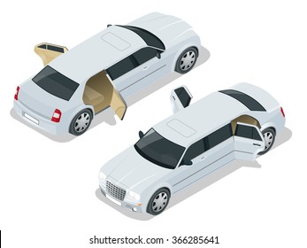 Write limousine. VIP car. Business travel. Luxury vehicle. Urban transport. Can be used for advertisement, infographics game or mobile apps icon. 