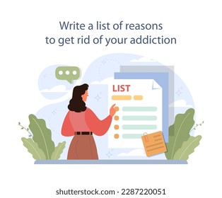 Write a list of reasons to get rid of your addiction or bad habit. Toxic and dangerous dependence quit. Clinic rehabilitation or therapy process. Treatment strategy. Flat vector illustration