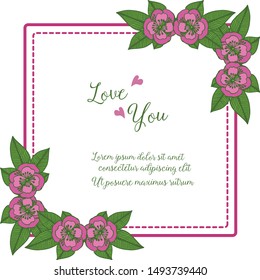 Write of love you, romantic retro style, with nature leaf flower frame. Vector