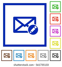 Write mail flat color icons in square frames on white background