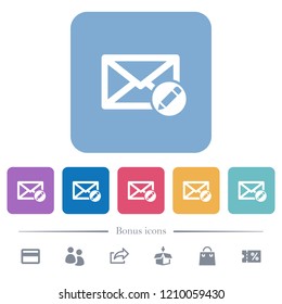 Write mail white flat icons on color rounded square backgrounds. 6 bonus icons included
