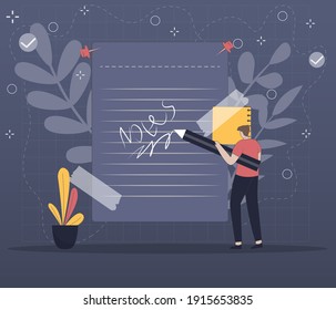 Write memos vector illustration concept. take notes with pencil. flat design style minimal vector illustration. 