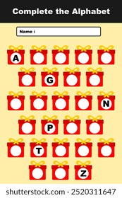 Write the missing alphabet letter.Learning English alphabet with red gift box. Complete the missing letters worksheet for kids.