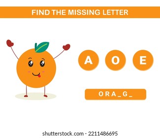 Write the missing letter. activity worksheet for education. fruits and vegetables missing letter. cute orange. vector illustration.