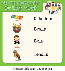 Write the missing letter of each word worksheet for children illustration