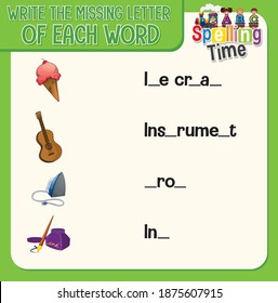 Write the missing letter of each word worksheet for children illustration
