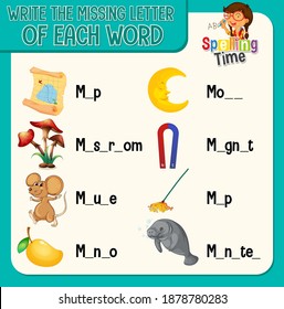 Escreva a letra ausente de cada planilha de palavras para a ilustração filha