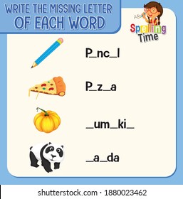 Write the missing letter of each word worksheet for children illustration
