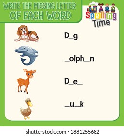 Write the missing letter of each word worksheet for children illustration