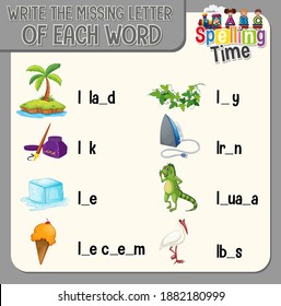 Write the missing letter of each word worksheet for children illustration