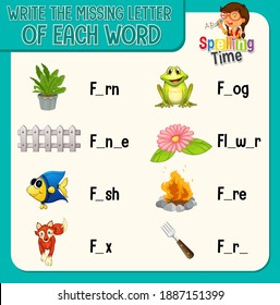Write the missing letter of each word worksheet for children illustration