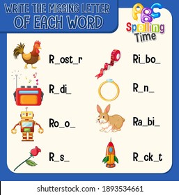 Write the missing letter of each word worksheet for children illustration