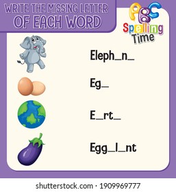 Write the missing letter of each word worksheet for children illustration