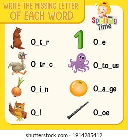 Write the missing letter of each word worksheet for children illustration