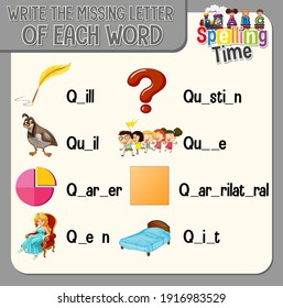 Write the missing letter of each word worksheet for children illustration