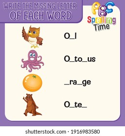 Write the missing letter of each word worksheet for children illustration