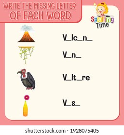 Write the missing letter of each word worksheet for children illustration