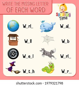 Write the missing letter of each word worksheet for children illustration