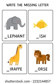Write the missing letter. Educational ABC learning worksheet for kids.