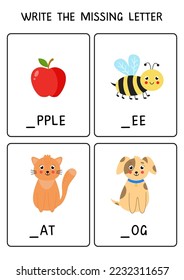 Write the missing letter. Educational ABC learning worksheet for kids.