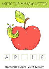 Write the missing letter is an educational game for kids with apple and worm. Cute cartoon apple with caterpillar. Practicing English alphabet. Vector illustration