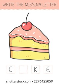 Write the missing letter is an educational game for kids with cake. Cute cartoon piece of cake. Practicing English alphabet. Vector illustration