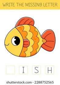Write the missing letter is an educational game for kids with goldfish. Cute cartoon fish. Practicing English alphabet. Vector illustration