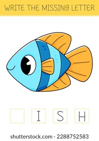 Write the missing letter is an educational game for kids with cute fish. Cute cartoon fish. Practicing English alphabet. Vector illustration