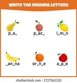 Write the missing letter. Worksheet for education. Fill in the missing letter. Mini-game for children.