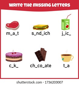 Write the missing letter. Worksheet for education. Fill in the missing letter. Mini-game for children.