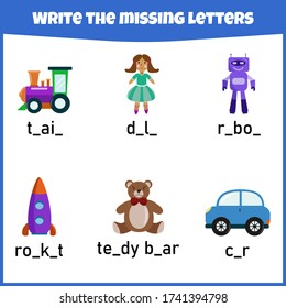Write the missing letter. Worksheet for education. Fill in the missing letter. Mini-game for children.