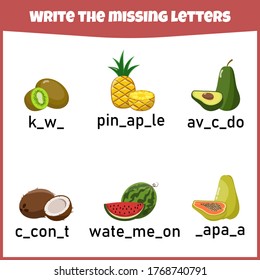 Write the missing letter. Worksheet for education. Fill in the missing letter. Mini-game for children.