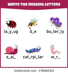 Write the missing letter. Worksheet for education. Fill in the missing letter. Mini-game for children.