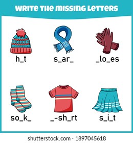 Write the missing letter. Worksheet for education. Fill in the missing letter. Mini-game for children.