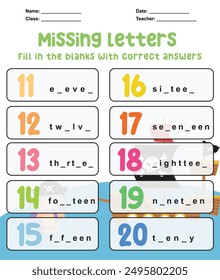 Write the missing letters about numbers. Missing letters worksheet. Learning about numbers. Kids educational game. Printable worksheet for preschool. Writing practice.