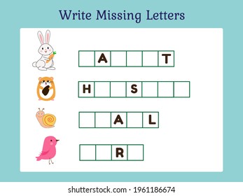 Write Missing Letters Game for Kids. Animal series, Perfect for Children Activity.