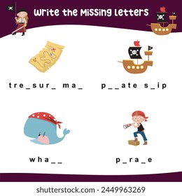 Write the missing letters. Missing letters worksheet. Complete the letters in English. Kids educational game. Printable worksheet for preschool. Writing practice. Vector file.