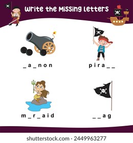 Write the missing letters. Missing letters worksheet. Complete the letters in English. Kids educational game. Printable worksheet for preschool. Writing practice. Vector file.