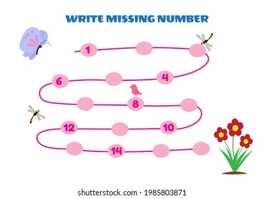 Write Missing Number Math Game For Kid. Help the Butterfly find road to Flower