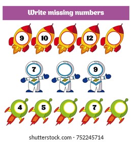 Write the missing number. Mathematics educational game for children. Complete the row, write missing numbers.