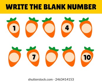 Write the missing number worksheet with carrot illustration. Random missing number for children. Math education elementary school or kindergarten. printable 