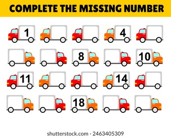 Write the missing number worksheet with truck illustration. Random missing number for children. Math education elementary school or kindergarten.