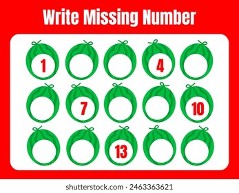 Write the missing number worksheet with watermelon fruit illustration. Random missing number for children. Math education elementary school or kindergarten. printable editable in vector