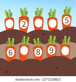 Write the missing numbers in carrots. Children's educational game. Score 1-10.
