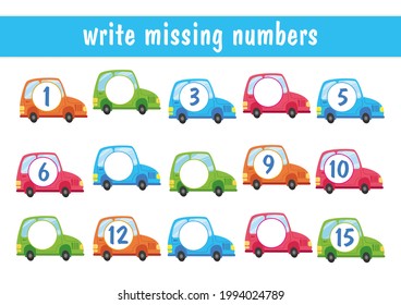 Write the missing numbers. Cartoon cars with numbers from 1 to 15. Transport mini-game for children. An educational math game for children. Fill in the row, write in the missing numbers