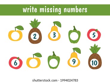 Write the missing numbers. Cartoon vegetables and fruits with numbers. Food mini game for kids. An educational math game for children. Fill in the row, write in the missing numbers