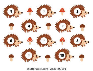 Write missing numbers. Counting game with cute hedgehogs. Math worksheets.
