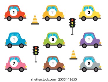 Write missing numbers. Counting game with cartoon colourful cars. Math worksheets.
