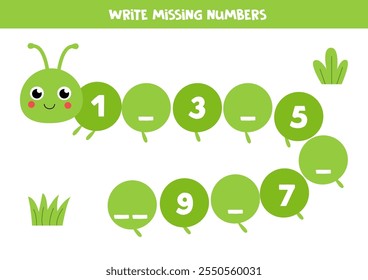 Write missing numbers. Counting game with cute cartoon caterpillar. Math worksheets.