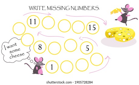 "Write missing numbers" mathematical games for kids. Funny image with mice and cheese